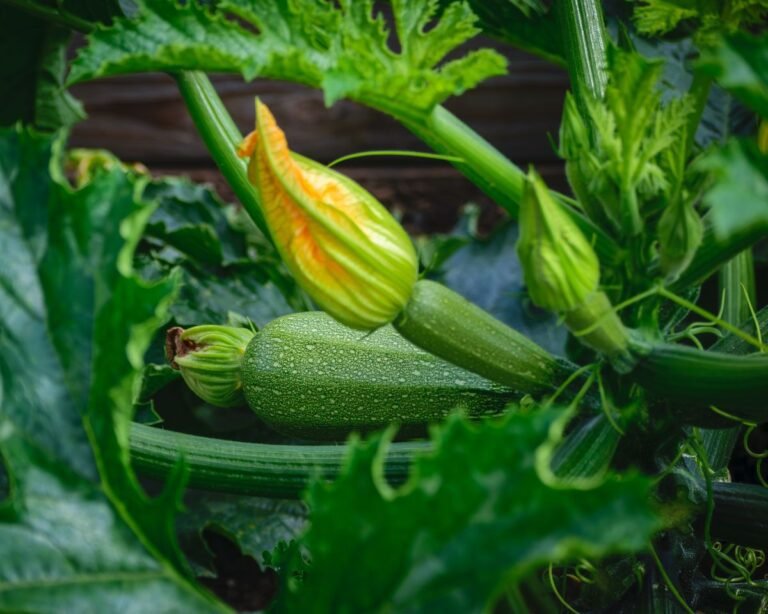 Courgette plant with yellow flower and young fruit growing in a garden